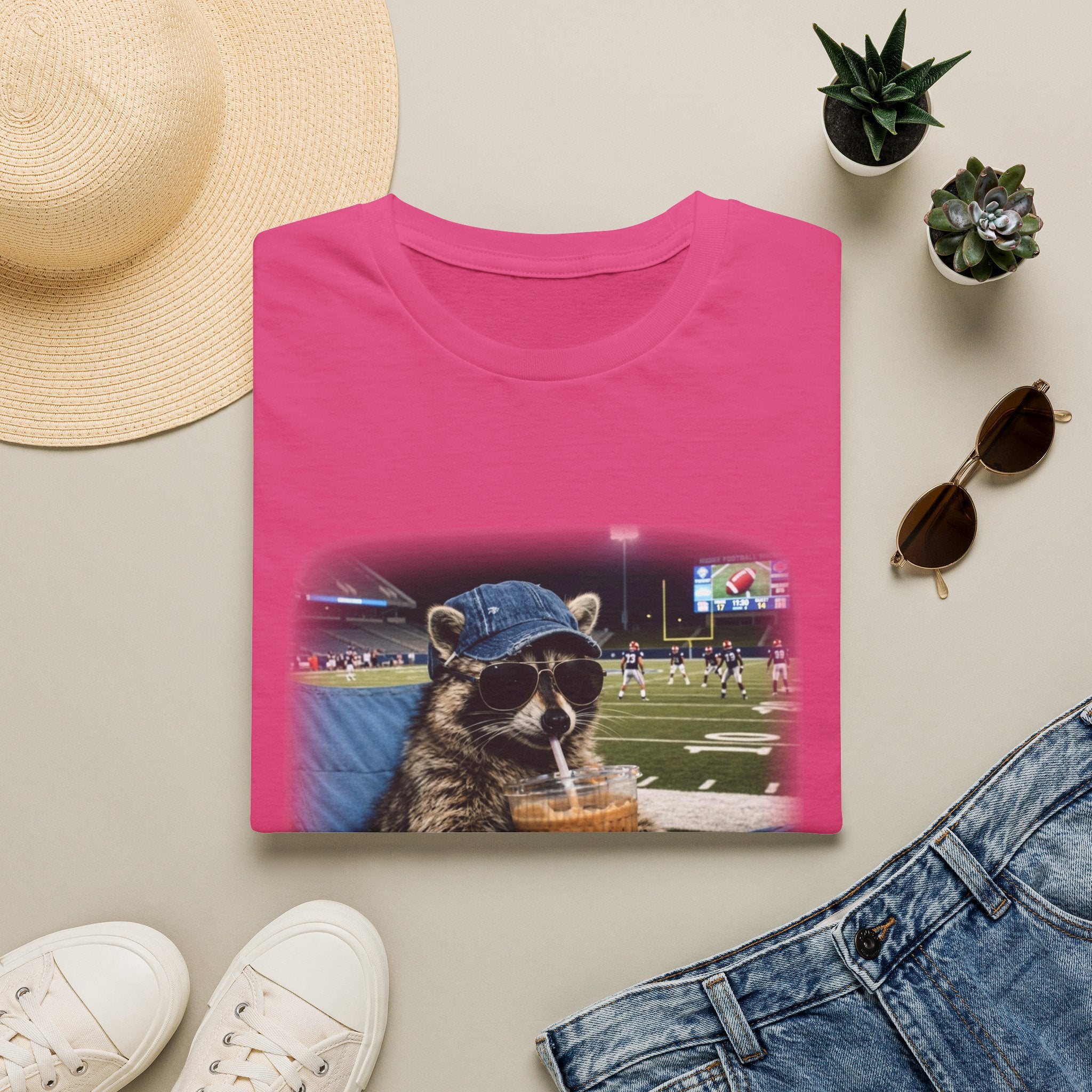 Raccoon Football Stadium Tee – "I Live Here Now" Graphic T-Shirt