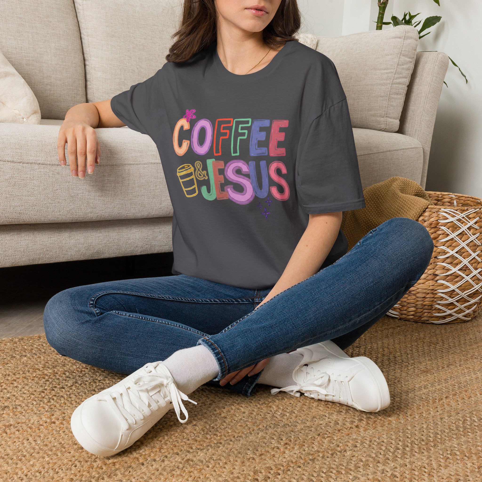 Coffee & Jesus T‑Shirt — Colorful Faith Graphic Tee for Women