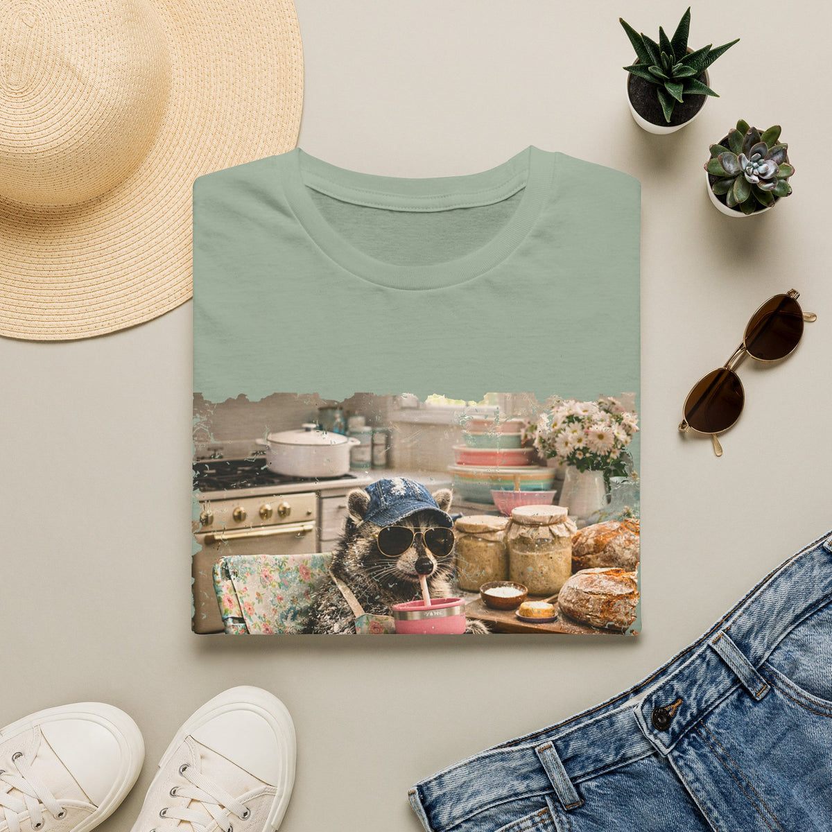 Raccoon Sourdough Vintage Graphic T-Shirt — Cozy Cottagecore Animal Print