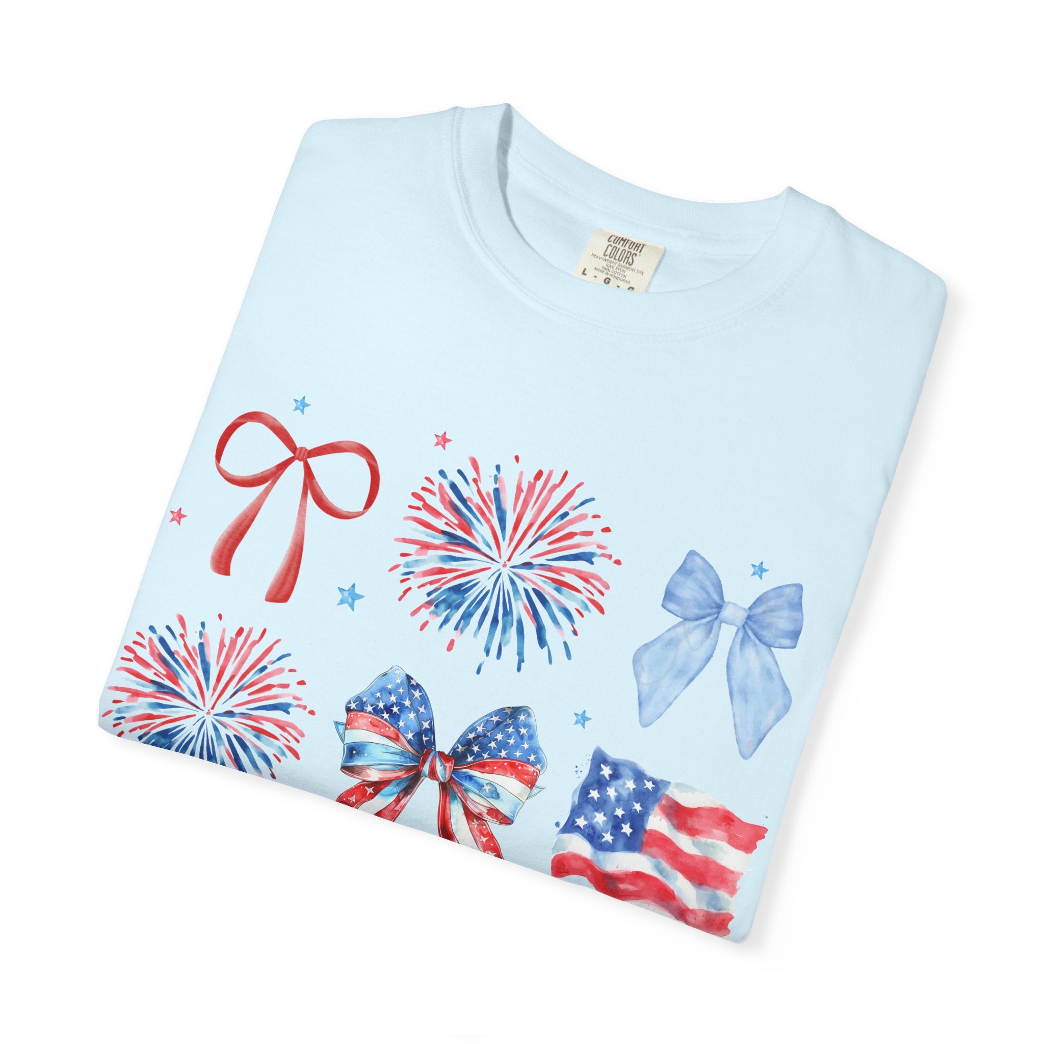 Patriotic Bows & Fireworks T-Shirt — American Flag Fourth of July Tee
