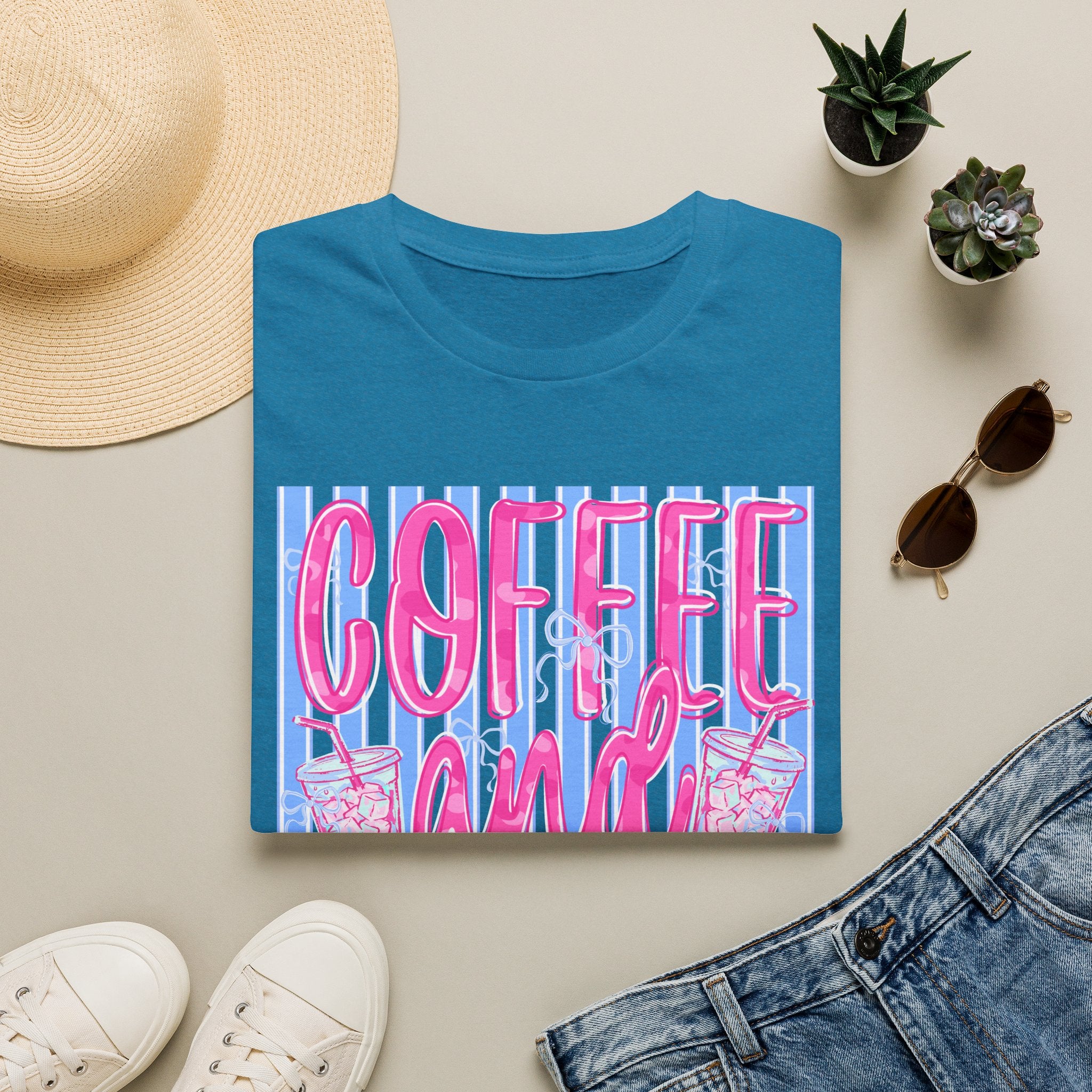 Coffee and Jesus T‑Shirt — Retro Pink & Blue Faith Graphic Tee