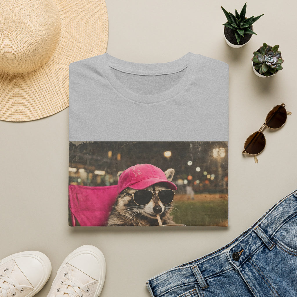 Raccoon Baseball/Softball Relaxing T-Shirt — 'Live Here Now' Retro Vacation Graphic Tee