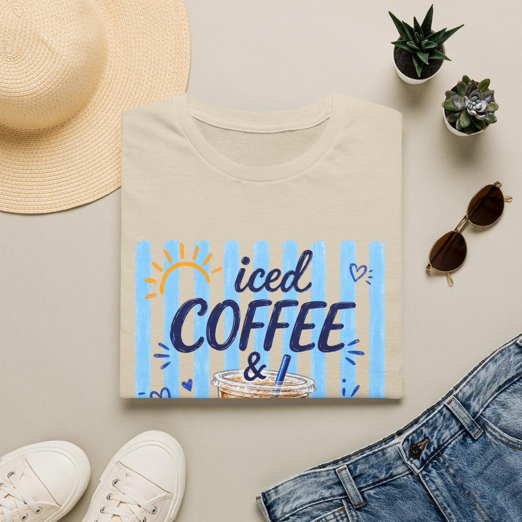 Iced Coffee & Sunshine T-Shirt — Cute Blue Striped Summer Tee