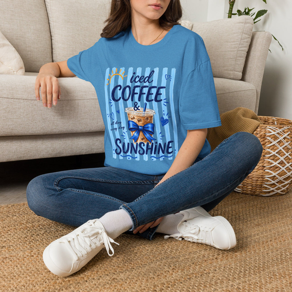 Iced Coffee & Sunshine T-Shirt — Cute Blue Striped Summer Tee
