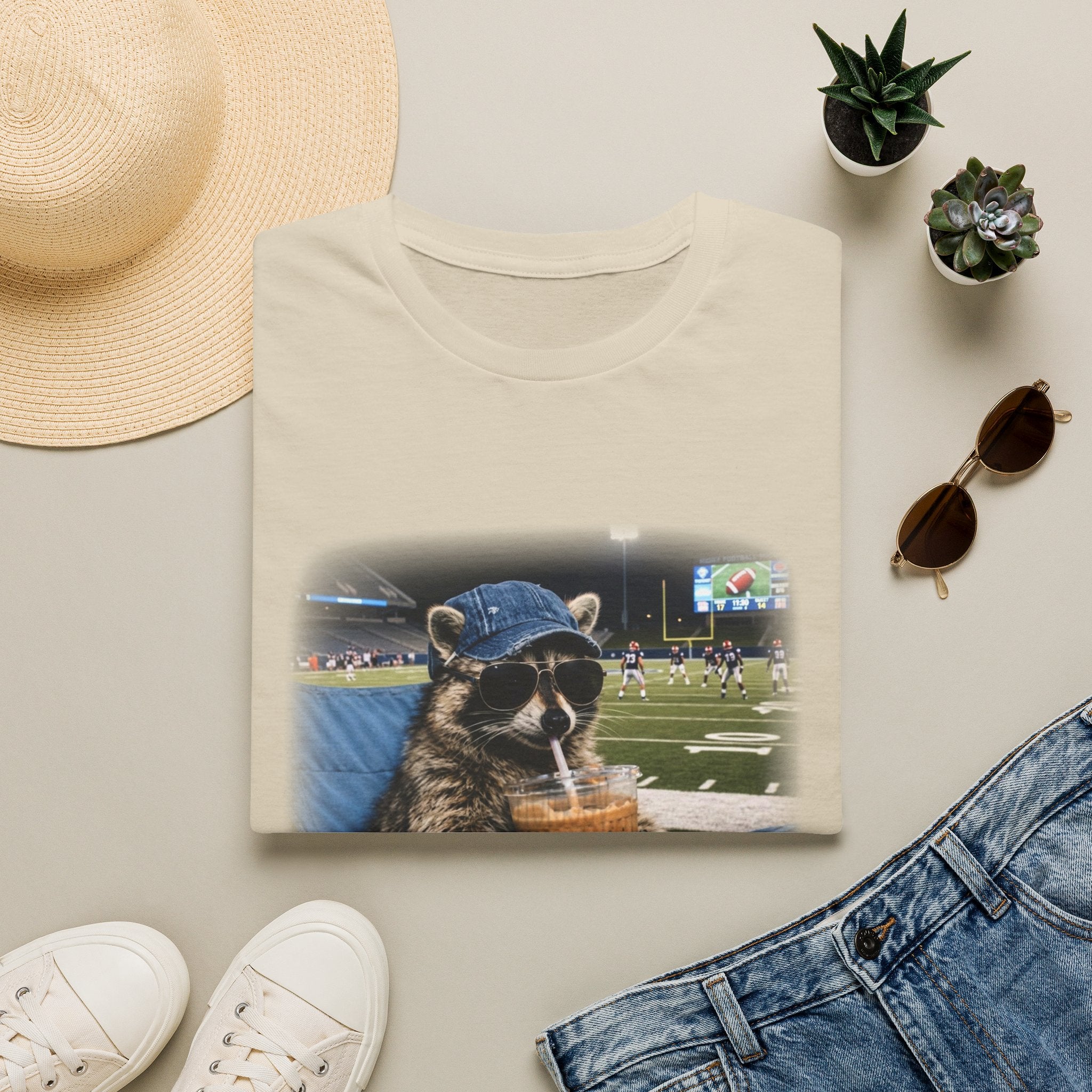 Raccoon Football Stadium Tee – "I Live Here Now" Graphic T-Shirt