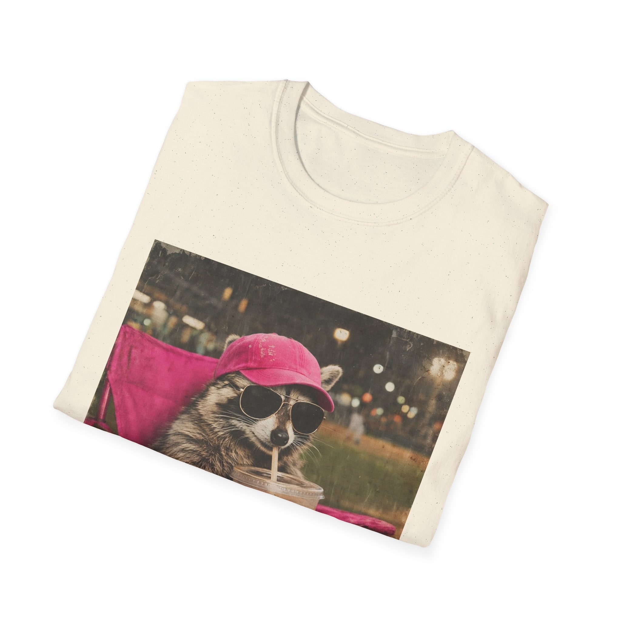 Raccoon Baseball/Softball Relaxing T-Shirt — 'Live Here Now' Retro Vacation Graphic Tee