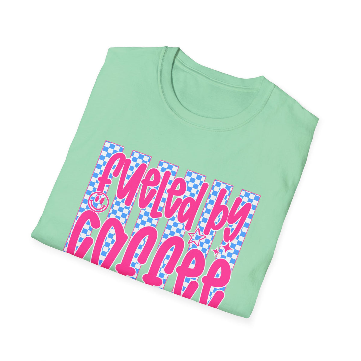 Fueled By Coffee And Anxiety T-Shirt — Retro Pink & Blue Checker Graphic