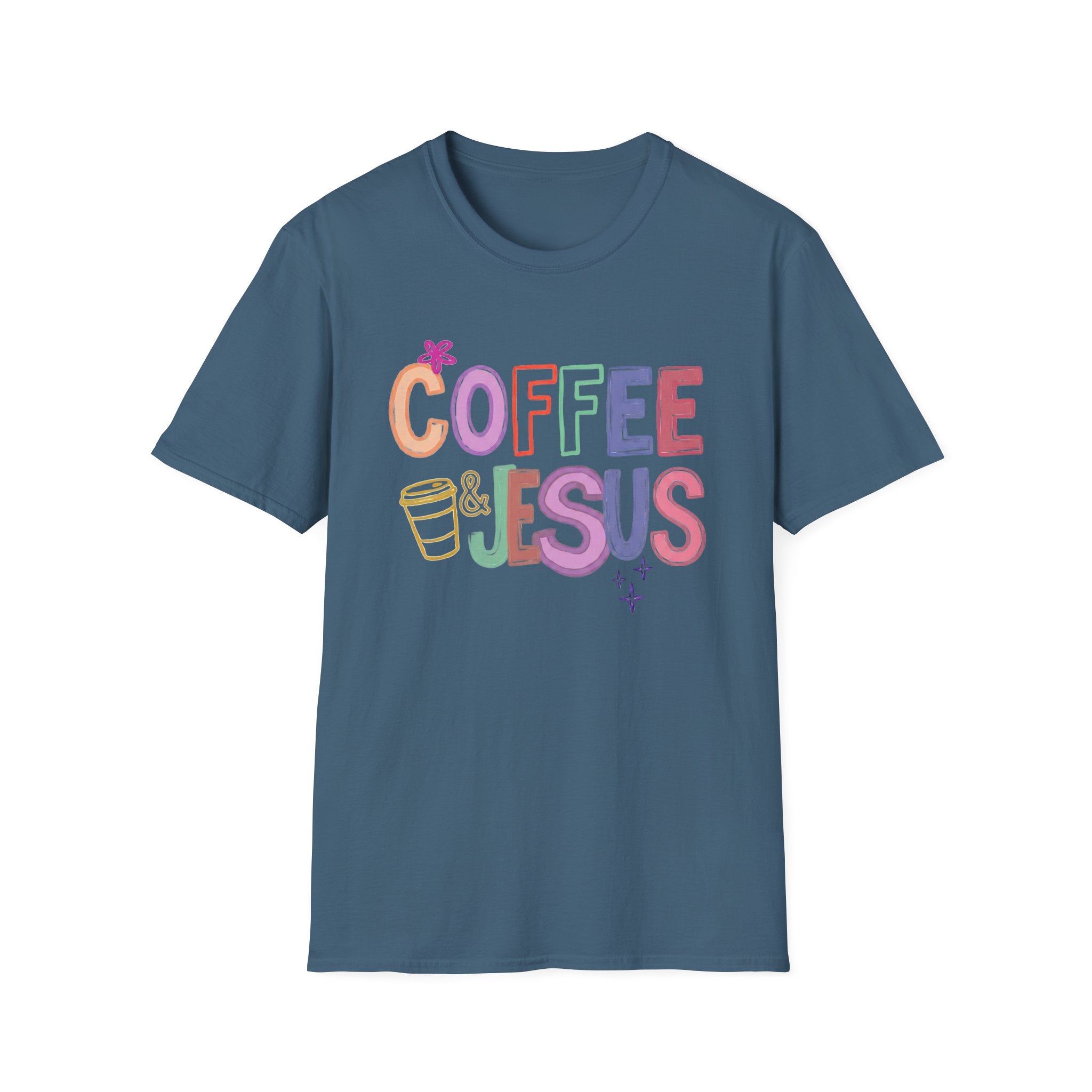 Coffee & Jesus T‑Shirt — Colorful Faith Graphic Tee for Women